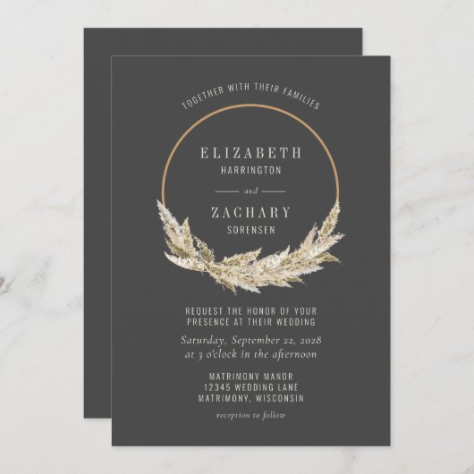 Boho Hoop Pampas Grass Faire-part de mariage foncé (Devant / Derrière)