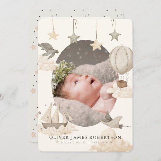 Boho Hot Air Ballotte Sky Faire-part de naissance (Devant / Derrière)