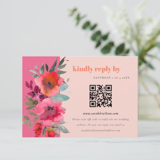 Boho Hot Roze Sinaasappel Bloemen Bruiloft QR Code Informatiekaartje (Staand voorkant)