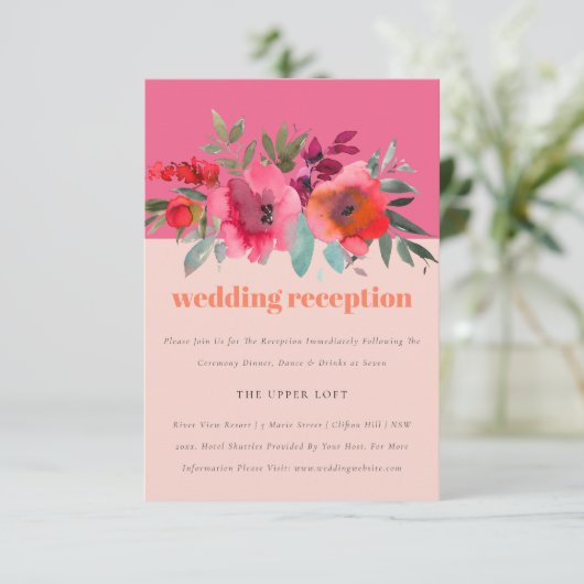 Boho Hot Roze Waterverf Bloemen Bruiloft Receptie Informatiekaartje (Staand voorkant)