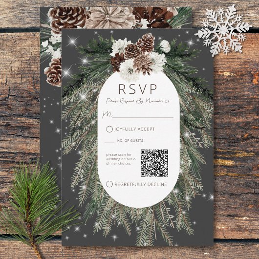 Boho Houtskool Dennenhout Winter Glans QR-code RSVP Kaartje