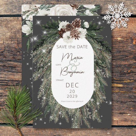 Boho Houtskool Pine Winter Sparkle Bruiloft Save The Date