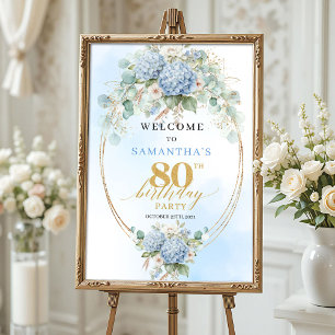 Boho Hydrangea's Goud Stof Blauw 80ste verjaardag  Poster