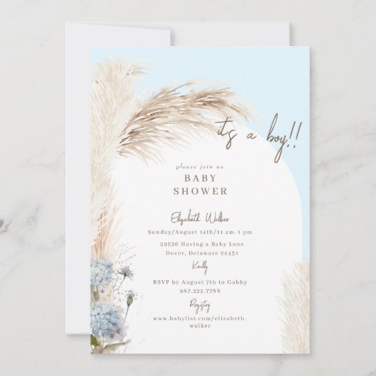 Boho Icy Blue Pampas Baby shower Kaart (Voorkant)