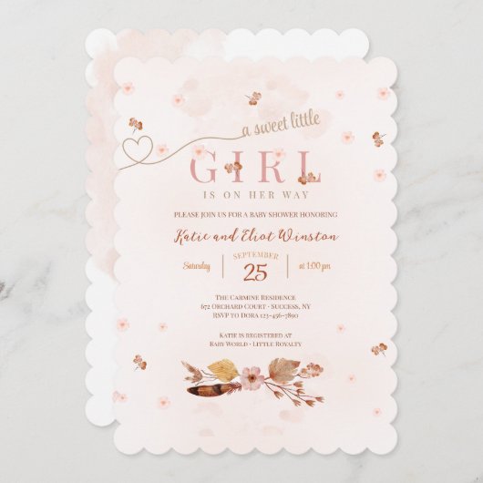 Boho Imprimer Baby shower rose Invitation (Devant / Derrière)