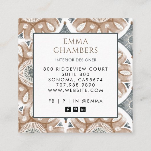 Boho Interieur Designer Aardse Gedempte Kleur Abst Vierkante Visitekaartje (Achterkant)