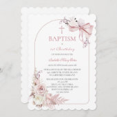 Boho Invitation Baptême Fille Rose Modèle (Devant / Derrière)