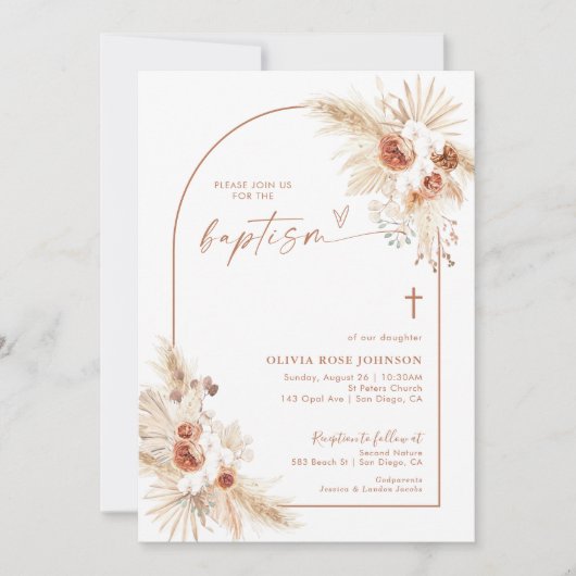 Boho Invitation Baptême, Pampas Grass Boho Christe (Devant)