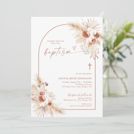 Boho Invitation Baptême, Pampas Grass Boho Christe (Debout devant)