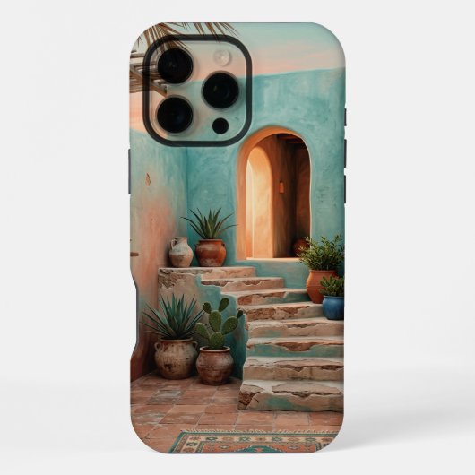Boho iPhone 16 Pro Max Case | Moroccan Teal Stairc Hoesje (Achterkant)