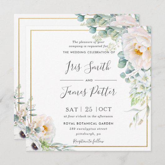 Boho Ivoor Witte Pioen Bloemen Eucalyptus Bruiloft Kaart (Voorkant / Achterkant)