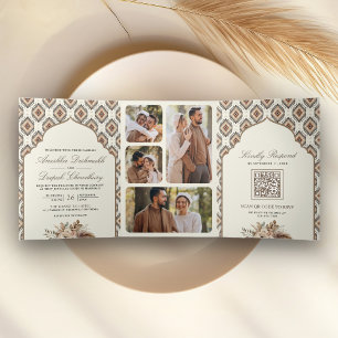 Boho Ivoorkleurig Beige Ikat Fotocollage Indische  Drieluik Uitnodiging