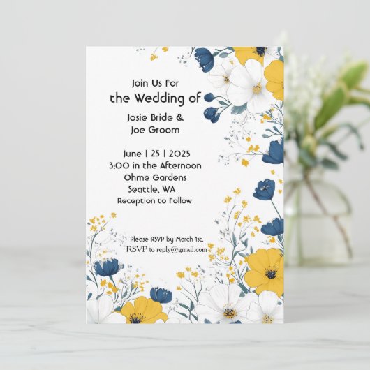 Boho jaune fleurs blanches faire-part de mariage (Debout devant)