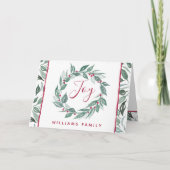 Boho Joy Greenery Wreath Red Berries Familienaam Feestdagen Kaart (Voorkant)