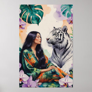 Boho Jungle Droomlandschap Witte Tijger & Vrouw Poster