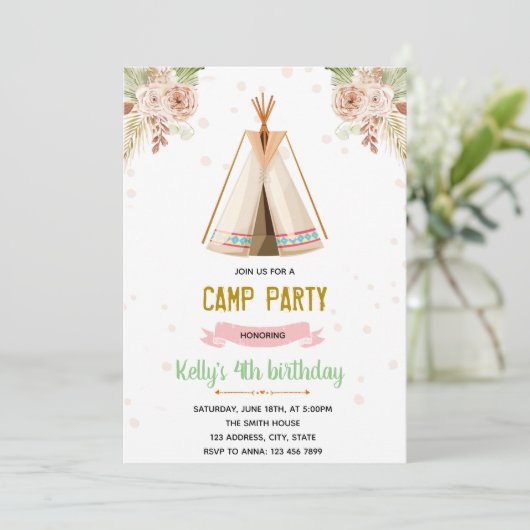 Boho kampeerthemauitnodiging bedankkaart (Staand voorkant)