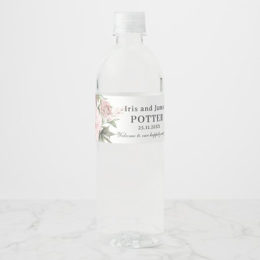 Boho kaneel Roos Blush Roze Bloemen Bruiloft Waterfles Etiket (Voorkant)