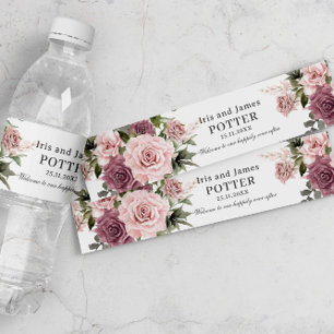 Boho kaneel Roos Blush Roze Bloemen Bruiloft Waterfles Etiket
