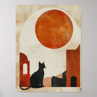 Boho Kat Silhouet | Abstracte Zon Minimalistische  Poster