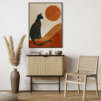 Boho Kat Silhouet | Zonsondergang Abstract Minimal Canvas Afdruk