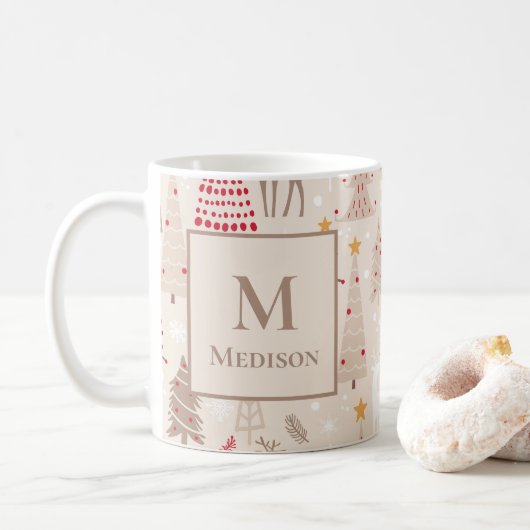 Boho kerstbomen met monogram en naam koffiemok (Met donut)