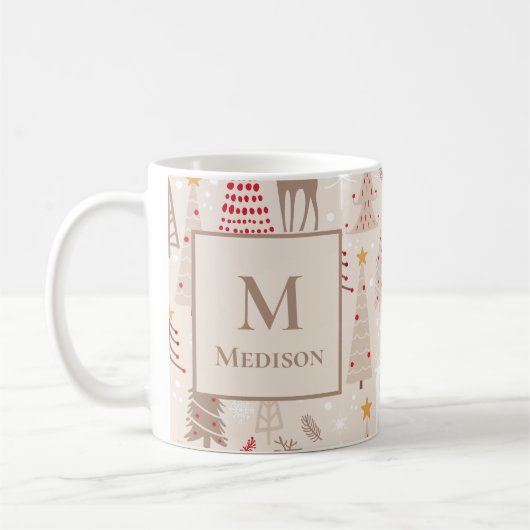 Boho kerstbomen met monogram en naam koffiemok (Links)