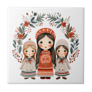 Boho Kerstmis Meisjes Scandinavische Volkskunst Tegeltje