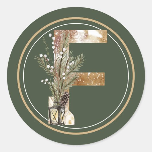 Boho Kerstmonogram F met Lantern en Twigs Ronde Sticker (Voorkant)