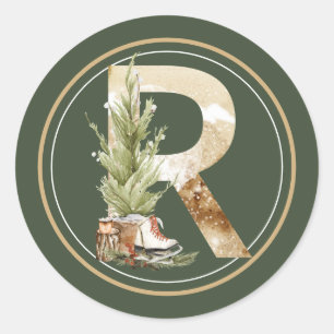 Boho Kerstmonogram R met boom en Schaats Ronde Sticker