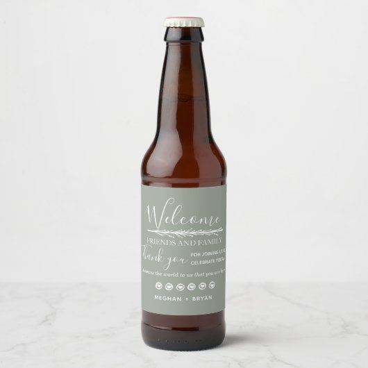 Boho Khaki Green Welkom op onze bruiloft Bier Etiket (Voorkant)