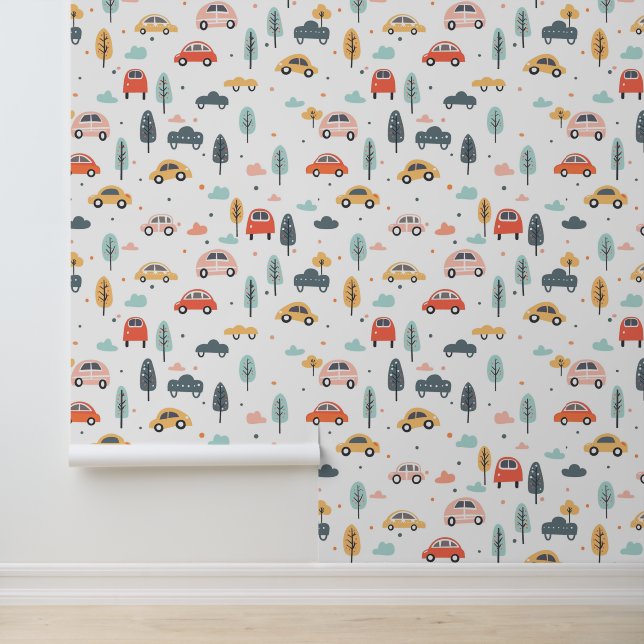 Boho Kinder auto's, bomen en wolkenpatronen Behang (Applicatie)