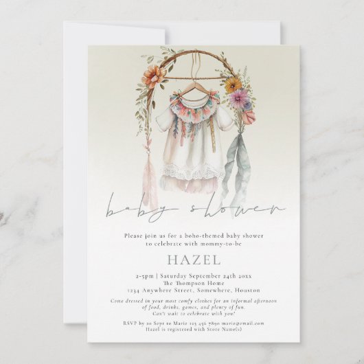 Boho  Kleding Script Boheemse Baby shower Kaart (Voorkant)