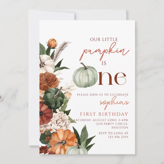 Boho kleine pompoen is een eerste verjaardag kaart (Voorkant)