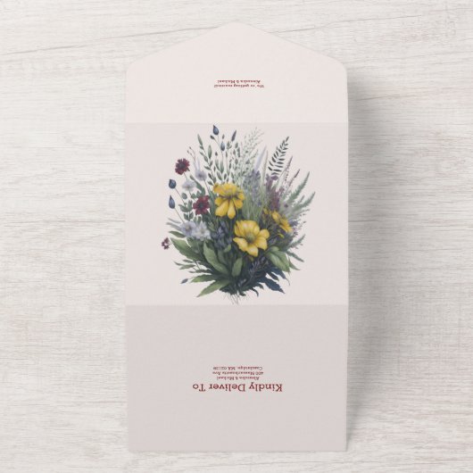 Boho Kleurrijke Waterverf Wildflower Bruiloft All In One Uitnodiging (Buitenkant)