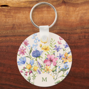 Boho Kleurrijke Wildbloemen met Monogram Sleutelhanger