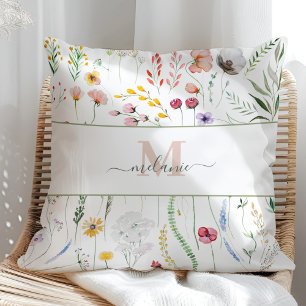 Boho Kleurrijke Wildflowers Script Naam Monogram Kussen