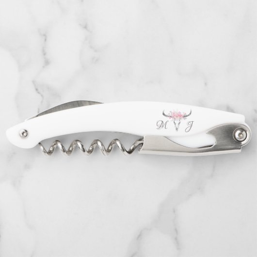 Boho Koe schedel Blush Waterverf Floral Monogram Kurkentrekker (Achterkant)