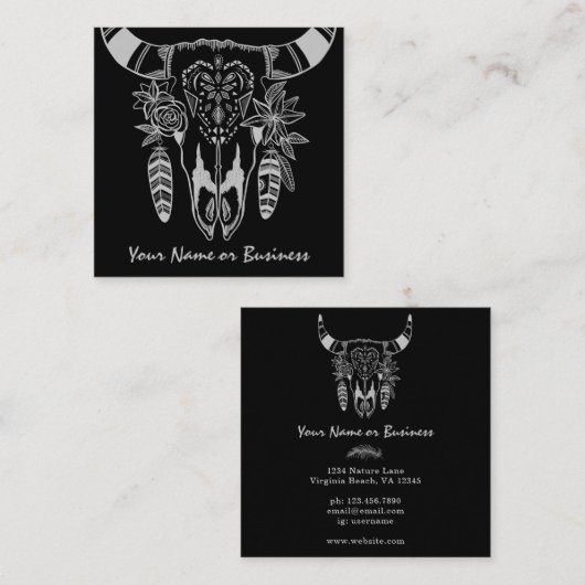Boho Koe Skull Black en White Bohemian Vierkante Visitekaartje (Voorkant / Achterkant)