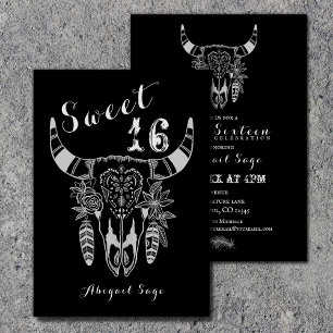 Boho Koe Skull Zwart en Wit Sweet 16 Verjaardag Kaart