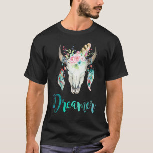 Boho Koeien schedel Bloem en Veer T-shirt