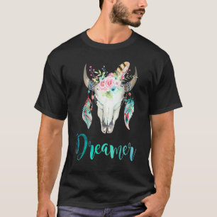 Boho Koeien schedel Bloem en Veer T-shirt