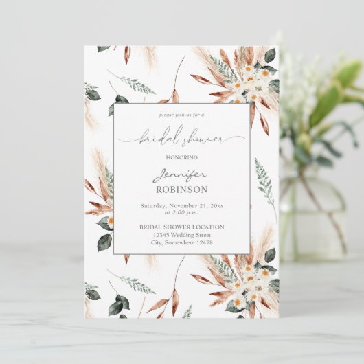 Boho Koper Pampas & Beige Bloemige Bruiloftsfeest Kaart (Staand voorkant)