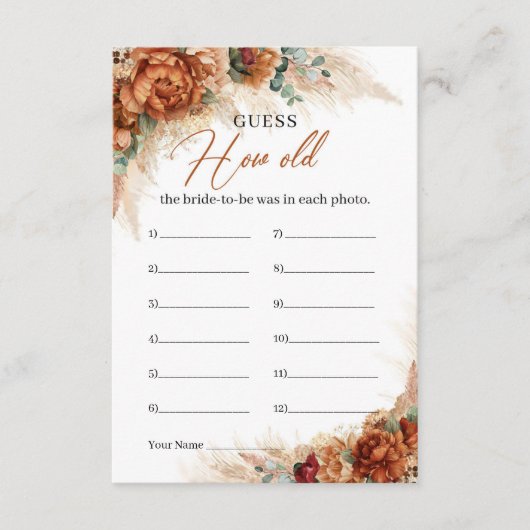 Boho koperen floral Hoe oud was de bruid-to-be? Informatiekaartje (Voorkant)