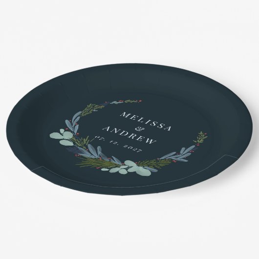 Boho krans op donkerblauw bruiloft ontwerp papieren bordje (Gekanteld)