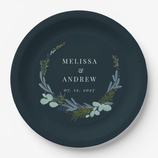 Boho krans op donkerblauw bruiloft ontwerp papieren bordje (Voorkant)