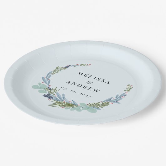 Boho krans op lichtblauw bruiloft ontwerp papieren bordje (Gekanteld)