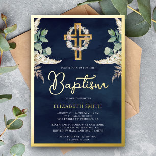 Boho Kruis Pampas Eucalyptus Doop Navy Goud Folie Uitnodiging