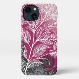 Boho Lacy Leaf Design Pink, Black and White iPhone 13 Hoesje