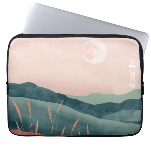 Boho Landschap Abstracte bergen met naam Laptop Sleeve (Voorkant)