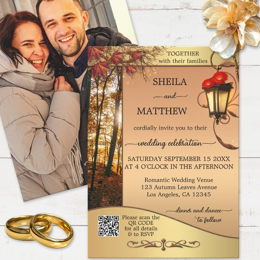 Boho Lantern Gold Fall Wedding Invitation Kaart
